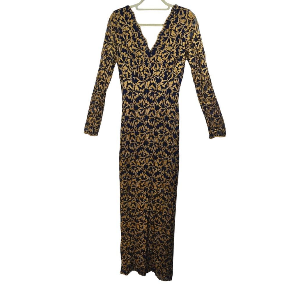 Vintage Tower Maxi Dress Gold Metallic Lace on Navy Blue V-Neck Woman Medium USA